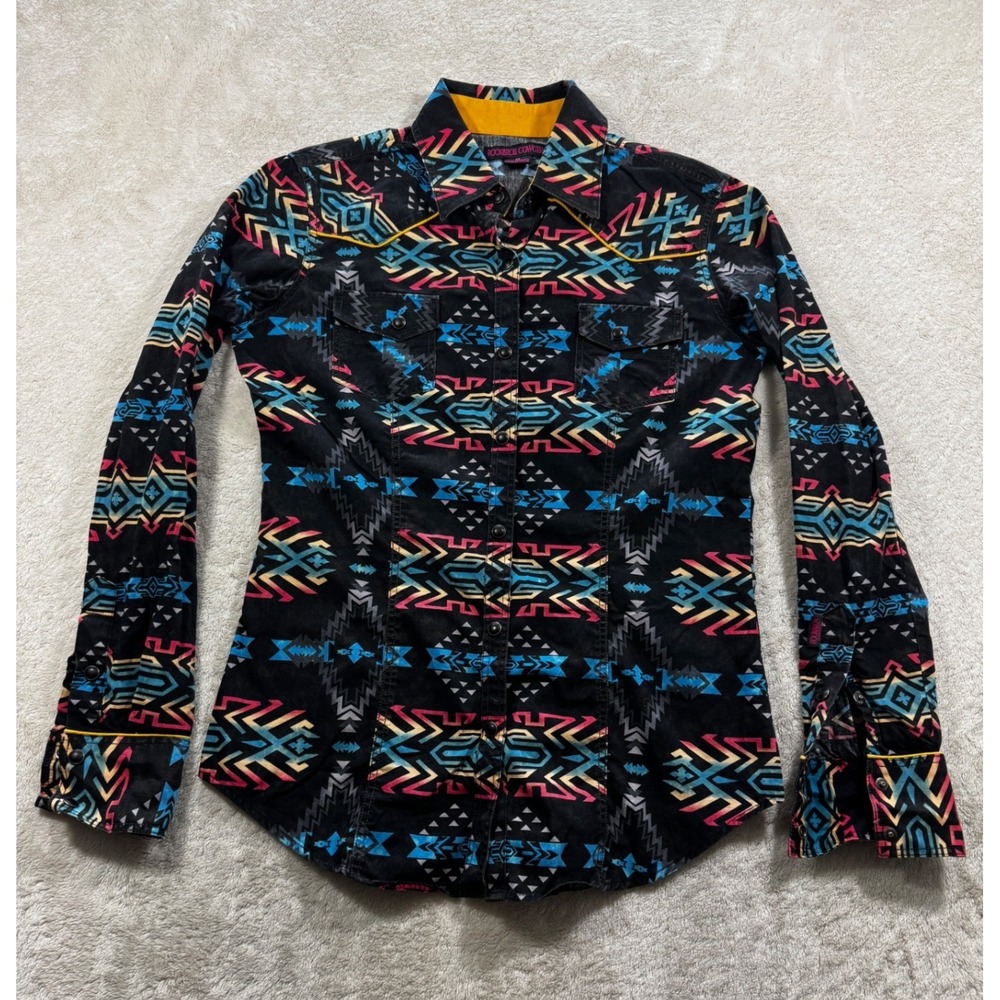 Rock & Roll Cowgirl Womens Western Aztec Print Black Snap Shirt‎ S Meas: 37x26